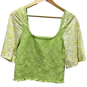 Free People Marigold Smocked Lime 3/4 Sleeve Top Small‎